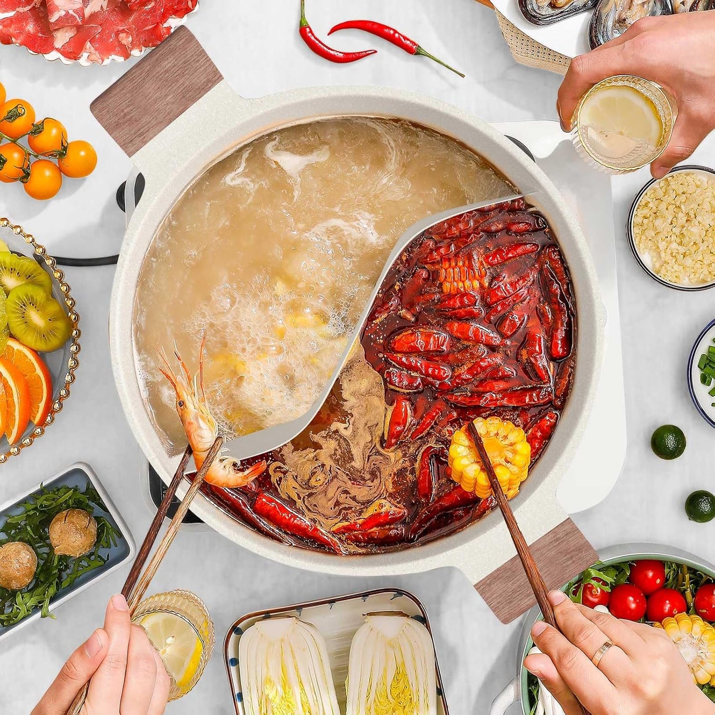 Dezin 5-QT Double-flavor Shabu Shabu Pot with Divider, Dual Sided Nonstick Hot Pot, 12 Inch Divided Stockpot for Cooking, Hotpot for Induction Cooktop, Gas Stove & Hot Burner, Soup Ladle Included
