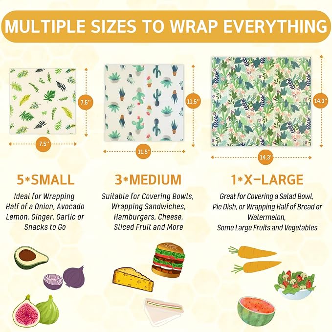 Reusable Beeswax Wrap - 9 Pack Beeswax Wraps for Food, Eco-Friendly Beeswax Food Wraps, Bread Sandwich Wrapper - Organic, Sustainable, Zero Waste, Reusable Plastic-Free Food Wrap, 1XL, 3M, 5S