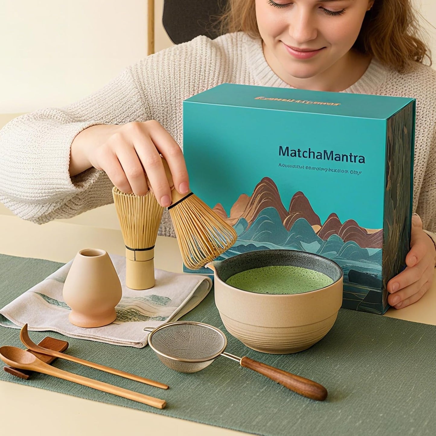 Artisan Matcha Whisk Set - 8 Pcs Premium Matcha Set with Bowl (Chawan), Bamboo Whisk & Tools | Matcha Kit for Making Breakfast/Latte | Gift for Matcha Lovers (Sunset Yellow)