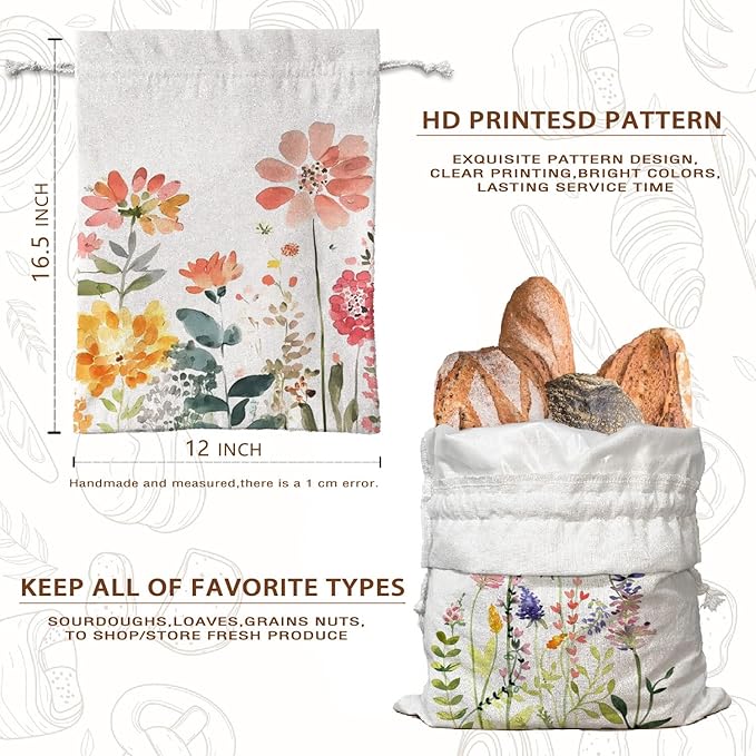 Beeswax Linen Bread Bags for Sourdough, Floral Linen Reusable Bread Bag for Sourdough Homemade Bread 2Pcs, Flower Storage Bread Box for Baker Kitchen Baking Gifts for Women 16.5x12