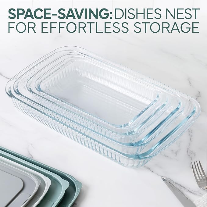 COOK WITH COLOR 8-Piece Deep Glass Baking Dish Set with Plastic Lids – Casserole and Food Storage Containers for Lasagna, Leftovers – Freezer-to-Oven, Microwave & Dishwasher Safe, Fluted Sage