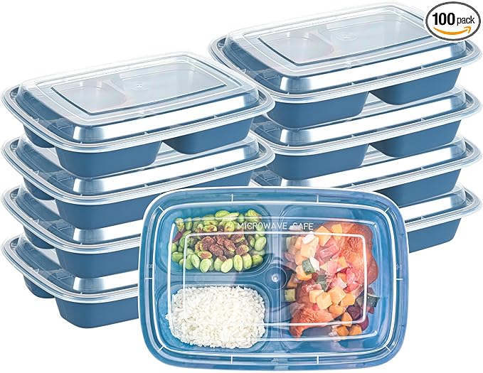Restaurantware Asporto 26 Ounce Compartment Take Out Boxes, 100 Microwavable Meal Prep Containers - 3 Compartments, With Clear Plastic Lids, Midnight Blue Plastic Food Containers, Do Not Contain BPA