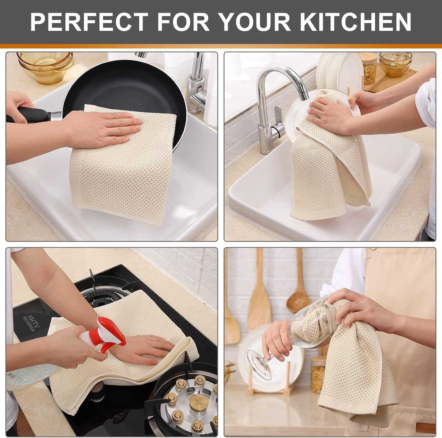 Kitinjoy 100% Cotton Waffle Weave Kitchen Towels, 8-Pack Super Soft and Absorbent Dish Towels for Drying Dishes, Kitchen Hand Towels, 13 in x 28 in, Beige