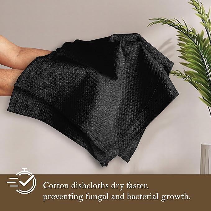 Black Waffle Dishcloths, 12x12 Inch, Absorbent, Soft, and Durable, Quick Drying, Reusable, Machine Washable, 100% Cotton, Perfect for Cleaning, Multipurpose Dish Towels, Set of 12