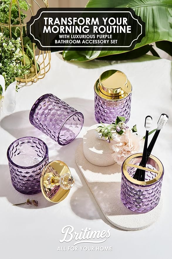 Purple Bathroom Accessories, 4Pcs Purple Bathroom Accessory Set Complete, Toothbrush Holder Set, Soap Dispenser, Qtip Holder, Tumbler, Perfect for Bathroom Decor and Vanit