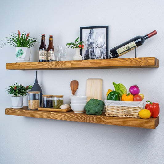 Rusitc Floating Shelves 60 inch Long 8 "deep Set of 2, Heavy Duty Wood Wall Mounted Shelves for Bathroom Living Room Kitchen,Book Shelves with Thickened Hidden Bracket-Gold Oak