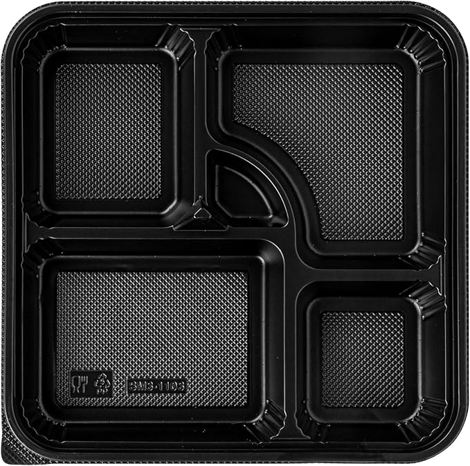 Restaurantware-Bento Tek 39.6 Ounce Meal Prep Containers, 50 Disposable To Go Food Boxes - Lids Sold Separately, 5 Compartments, Black Plastic Bento Lunch Boxes, Microwavable, Freezable