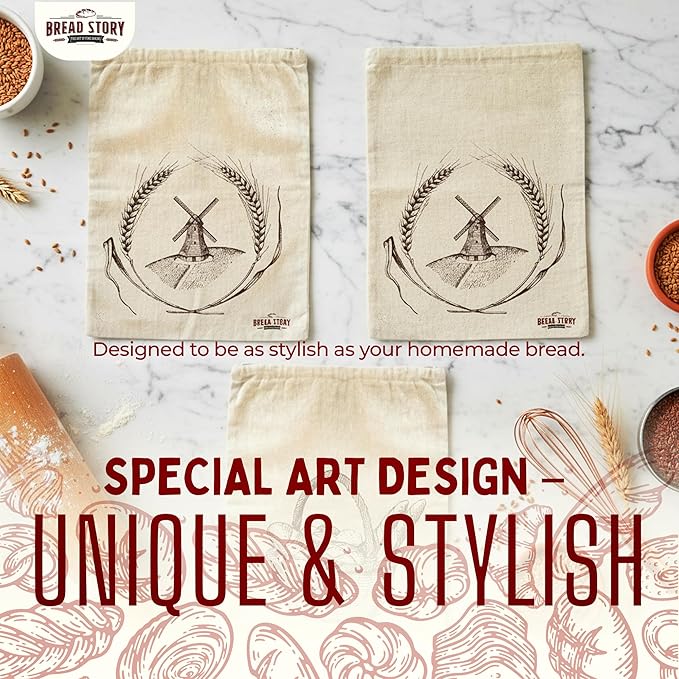 Linen Bread Bag – Reusable Linen Bags for Homemade Bread & Sourdough | Cloth Bags for Sourdough, Artisan Loaves, & Pastries | Unbleached Natural Fabric with Drawstring Closure, 3-Pack, 11 x 15"
