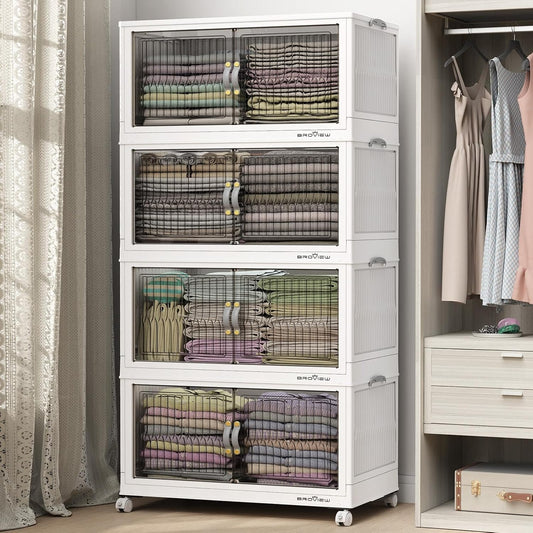 480Qt Stackable Storage Bins with Lid, Extra Large Closet Organizer Collapsible Drawer Boxes with Wheels, Folding Plastic Cabinet Containers for Home Kitchen Room Organization, 4Pack White