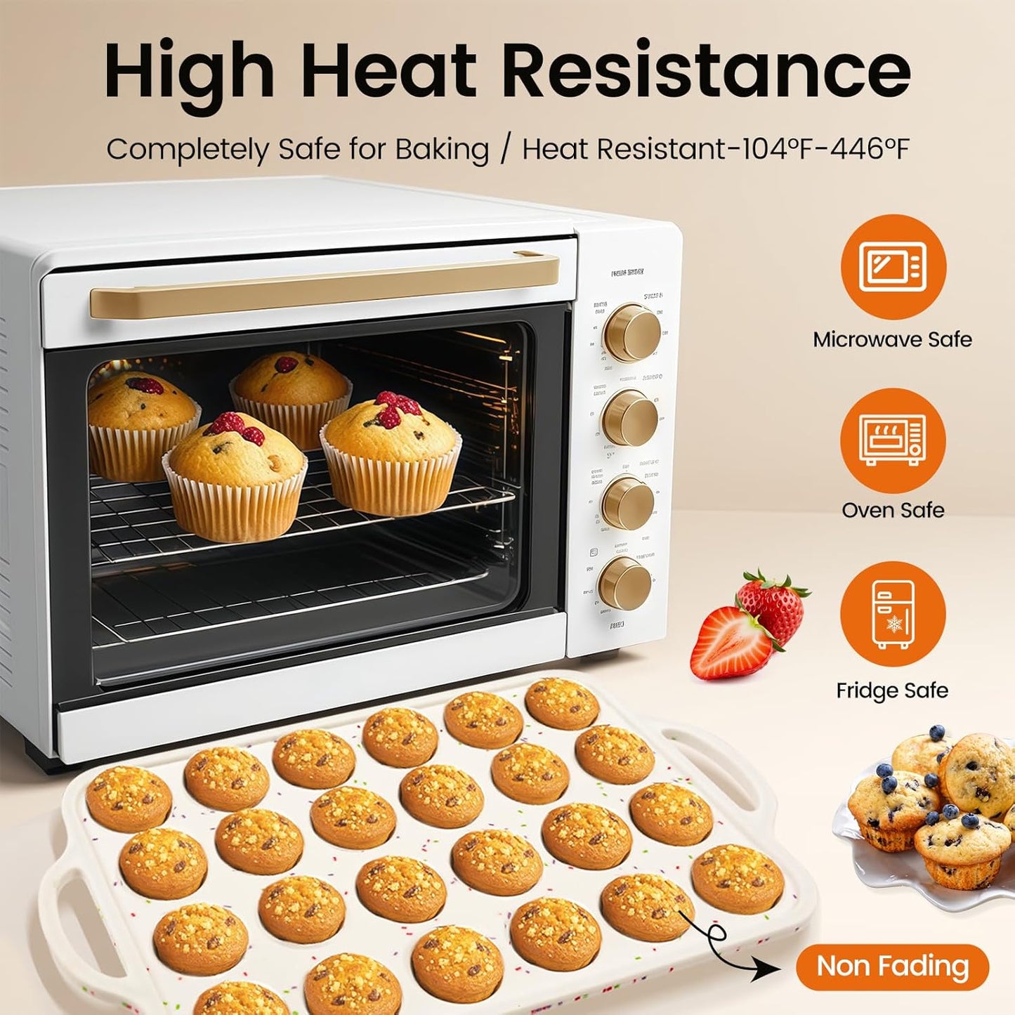 Silicone Mini Muffin Pan With Metal Reinforced Frame - 24 Cups Durable Silicone Cupcake Pan for Muffin, Cupcakes, BPA Free and Dishwasher Safe - 1 Piece Beige with Rainbow Spots