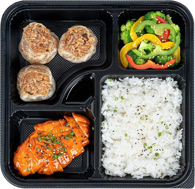 Restaurantware-Bento Tek 39.6 Ounce Meal Prep Containers, 50 Disposable To Go Food Boxes - Lids Sold Separately, 5 Compartments, Black Plastic Bento Lunch Boxes, Microwavable, Freezable