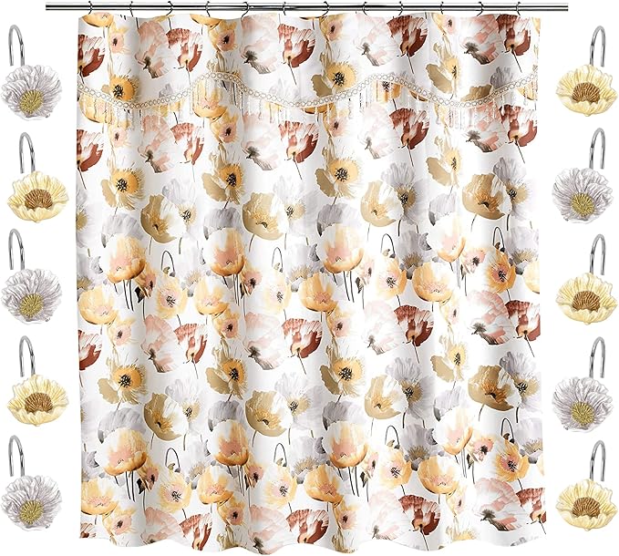 Zahari Home 13pc Poppy Fields Bathroom Shower Curtain Set Yellow Shower Curtain & 12 Shower Curtain Hooks Luxury Contemporary Colorful Shower Curtain Unique Design Stylish Shower Curtain Set