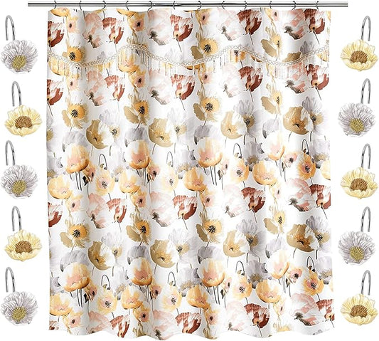 Zahari Home 13pc Poppy Fields Bathroom Shower Curtain Set Yellow Shower Curtain & 12 Shower Curtain Hooks Luxury Contemporary Colorful Shower Curtain Unique Design Stylish Shower Curtain Set