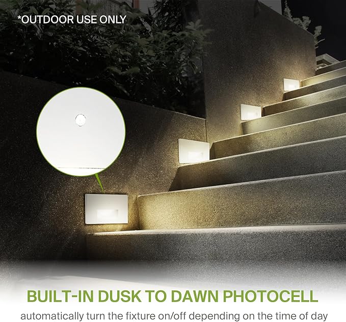 ASD LED Recessed Step Light Fixture, Dusk to Dawn Outdoor Stair Tread Lighting | 3CCT, Photocell, Waterproof, ETL Listed | 3W 120LM 3000K-5000K 120V | Staircase Hardwired Illumination | White, 4 Pack