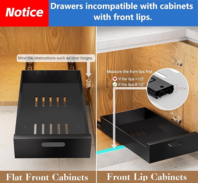 HBL' 2 Pack | 16.9" Deep Pull Out Cabinet Organizer Adhesive, 12-Inch Wide Sturdy Carbon Steel Roll-Out Drawers for Face Frame or Frameless Cabinets, Slide-Out Shelves for Pantry.