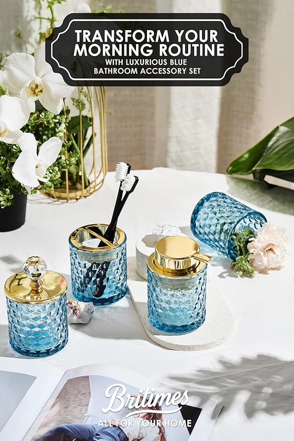 Blue Bathroom Accessories, 4Pcs Blue Bathroom Accessory Set Complete, Toothbrush Holder Set, Soap Dispenser, Qtip Holder, Tumbler, Perfect for Bathroom Decor and Vanity