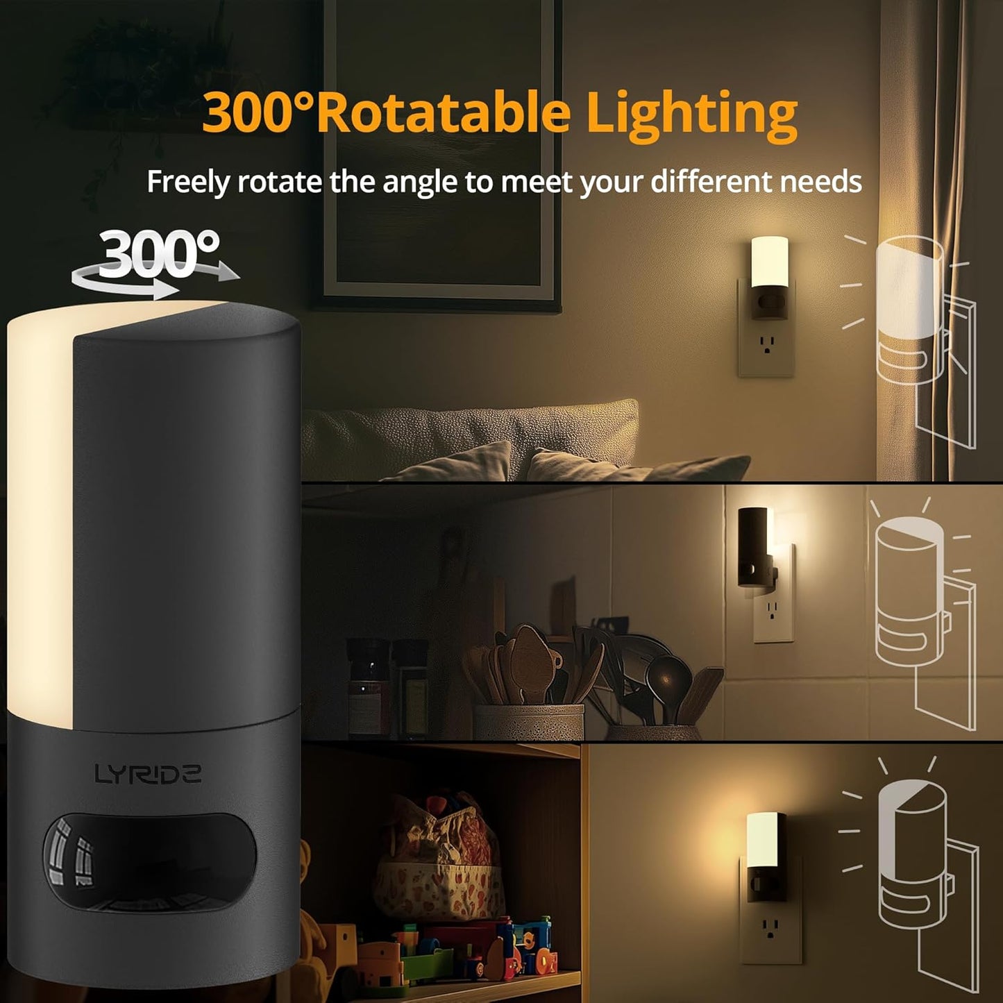 Lyridz Plug-in LED Rotatable Night Light with Motion Sensor, Dimmable Backlit Nightlight with 1-150lm Adjustable Brightness for Bathroom, Bedroom, Hallway, Stairs, 2 Pack