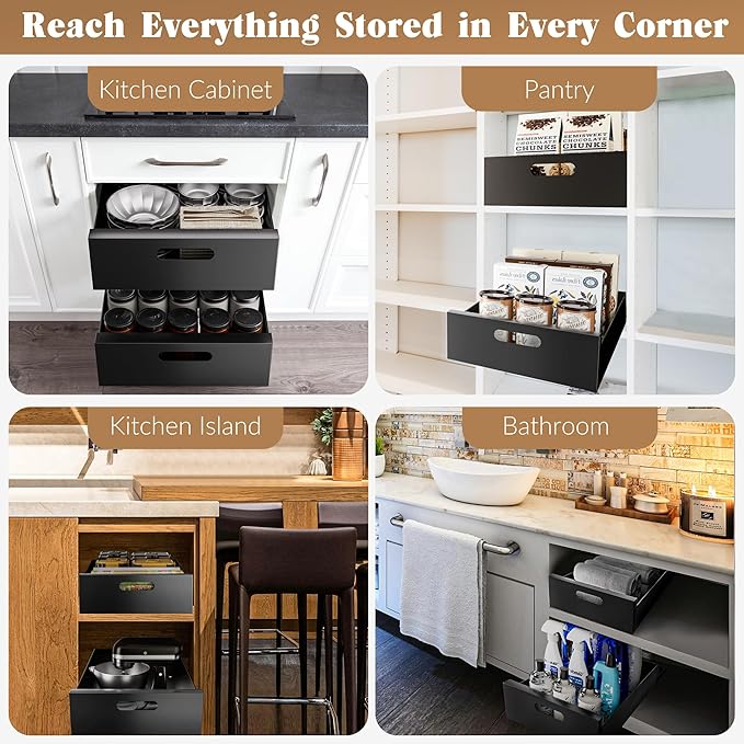 HBL' 2 Pack | 16.9" Deep Pull Out Cabinet Organizer Adhesive, 10-Inch Wide Sturdy Carbon Steel Roll-Out Drawers for Face Frame or Frameless Cabinets, Slide-Out Shelves for Pantry.