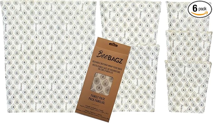 Beeswax Wrap Storage Bag, Reusable Food Storage Bags, Pack of 6, Plastic Free Biodegradable Food Wrap Alternative, Family Pack, 3 Small + 2 Medium + 1 Large, (grey)