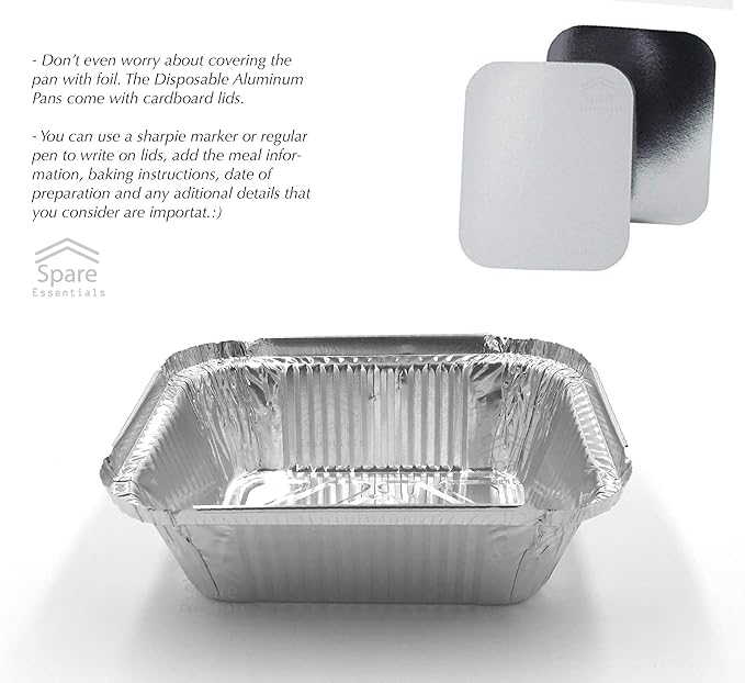 Spare Essentials 55 Pack - Small Foil Pans with Lids - Aluminum To Go Food Containers with Lids - 1lb Mini Aluminum Pans - Freezer Safe Foil Take out Trays - Heat proof Aluminum Meal Prep Containers