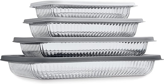 COOK WITH COLOR 8-Piece Deep Glass Baking Dish Set with Plastic Lids – Casserole and Food Storage Containers for Lasagna, Leftovers – Freezer-to-Oven, Microwave & Dishwasher Safe, Fluted Grey