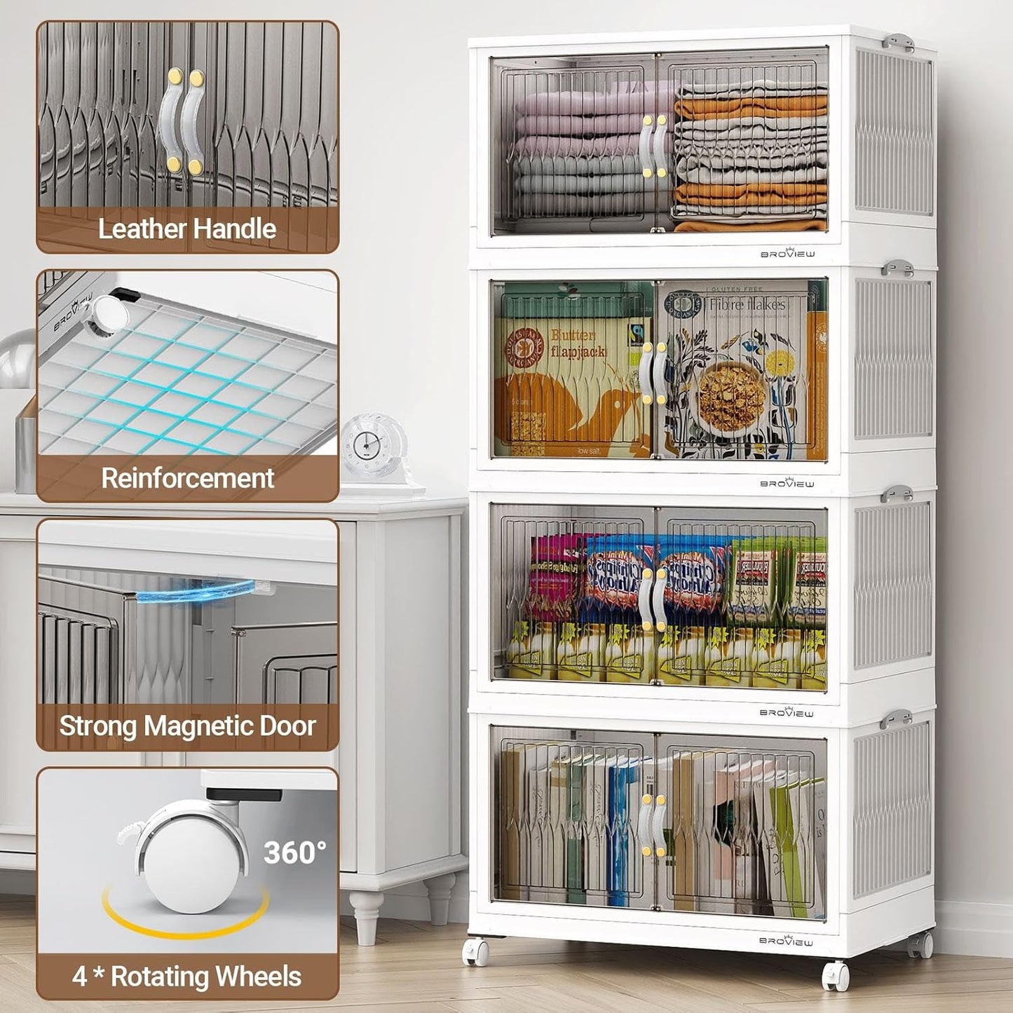 300Qt Stackable Storage Bins with Lid, Extra Large Closet Organizer Collapsible Drawer Boxes with Wheels, Folding Plastic Cabinet Containers for Home Kitchen Room Organization, 3Pack White