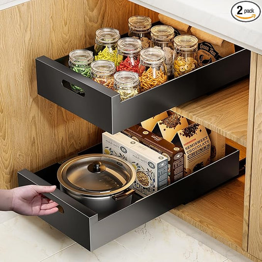 HBL' 2 Pack | 16.9" Deep Pull Out Cabinet Organizer Adhesive, 12-Inch Wide Sturdy Carbon Steel Roll-Out Drawers for Face Frame or Frameless Cabinets, Slide-Out Shelves for Pantry.