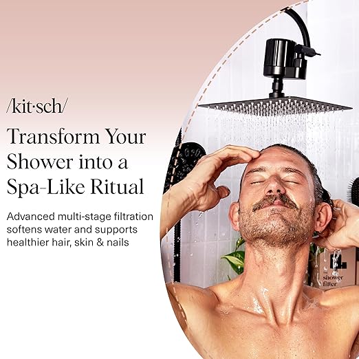 Kitsch Shower Head Filter for Hard Water – Shower Filter with KDF-55 & Calcium Sulfite, Helps Reduce Chlorine & Impurities, Water Softener - Bathroom Accessories for Healthier Hair & Skin - Black