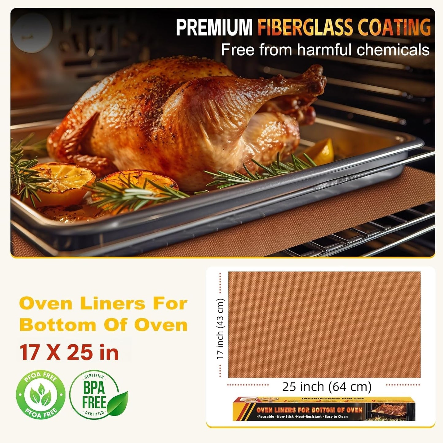 2 Pack Oven Liners for Bottom of Oven, 17"x25" Heavy Duty Non-Stick Oven Liner Mat, Reusable Heat Resistant Grill & Baking Mat, BPA/PFOA Free Roaster Liners, Fits Electric, Gas, Toaster Ovens (Black)