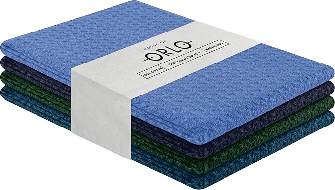 Multicolor Waffle Kitchen Towels, 16"x26", Soft, Absorbent, Durable, Fast Drying, Reusable, 100% Cotton, Ideal for Cleaning, Drying Dishes, Set of 4, Teal, Olive Green, Navy, Sky Blue