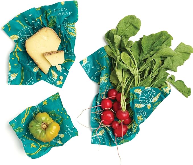 Bee's Wrap Beeswax Wraps for Food - Ocean 3 Pack (S, M, L) Made in USA Reusable & Organic Food Wraps, Sandwich Wrap & Bowl Covers - Eco-Friendly Alternative to Aluminum Foil & Plastic Wrap