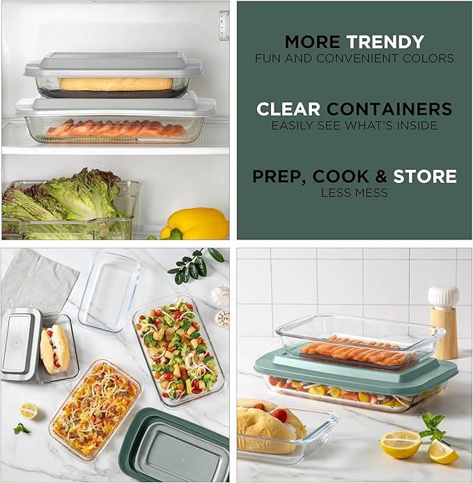 COOK WITH COLOR 8-Piece Deep Glass Baking Dish Set with Plastic Lids – Casserole and Food Storage Containers for Lasagna, Leftovers – Freezer-to-Oven, Microwave & Dishwasher Safe, Sage