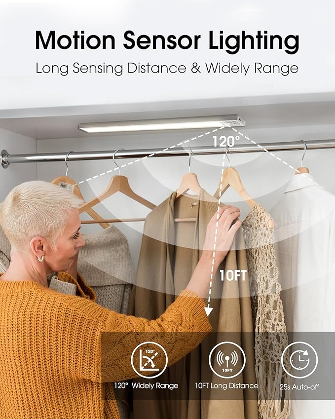 20 Inch Under Cabinet Lighting, 3Pack 5CCT Dimmable Closet Lights, Motion Sensor LED Lights of Battery Operated, Rechargeable Under Counter Light for Kitchen, Stairs, Bedroom, Wardrobe