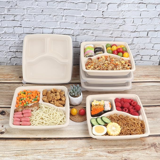 40 oz 3 compartments Square Disposable bowls with lids,Sugarcane Fibers Bowls take away food containers Plant Fibers Freezer Safe 25 Pack