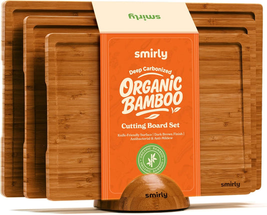 SMIRLY Wood Cutting Boards for Kitchen Wooden Chopping Board Set Reversible with Deep Juice Grooves Grip Handles, Large Charcuterie Tray, New Apartment Essentials, Carbonized Bamboo, 3Pcs with Holder