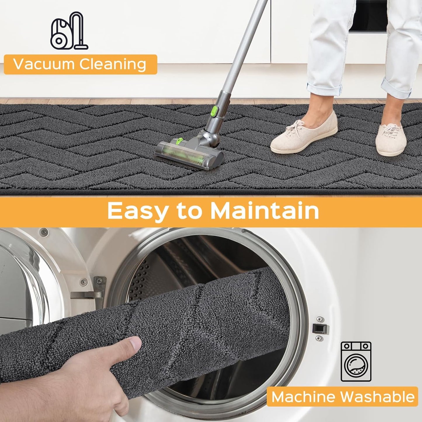 Machine Washable Kitchen Rugs 24" x 36", Non-Slip Kitchen Runner Rugs Mats for Floor, Absorbent Comfort Standing Mats for Kitchen, Sink, Laundry and Hallway, Charcoal