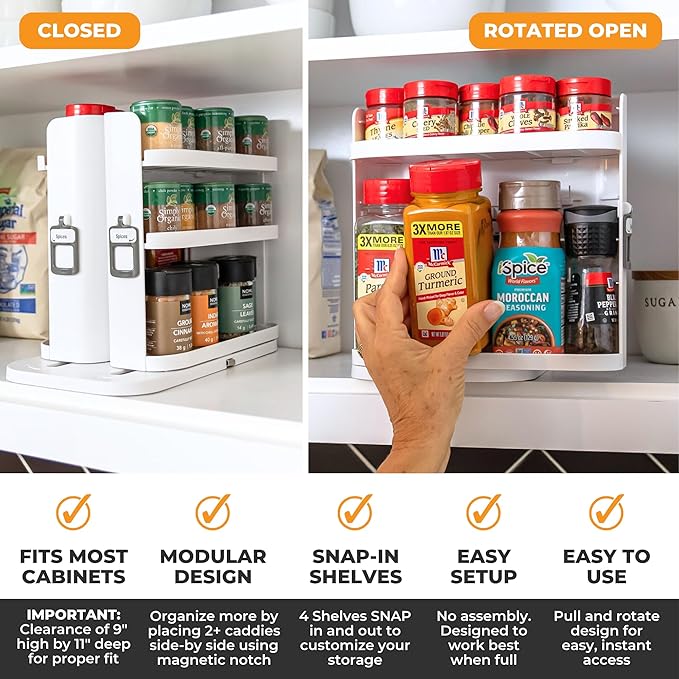 Cabinet Caddy SNAP! Spice Rack Organizer for Cabinet - Slide & Rotate Seasoning Organizer - 3 Snap-In Adjustable Shelves for 5 Tier of Storage - Magnetic Modular Design - 8.9”H x 6.1”W x 10.8”D