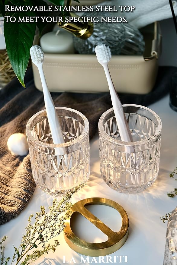 Glass Bathroom Accessories Set, 5pcs Crystal Clear Bathroom Accessories, Toothbrush Holder Set, Lotion Dispenser, Soap Dish, Tumbler, Qtips Holder, Vintage Bathroom Decor