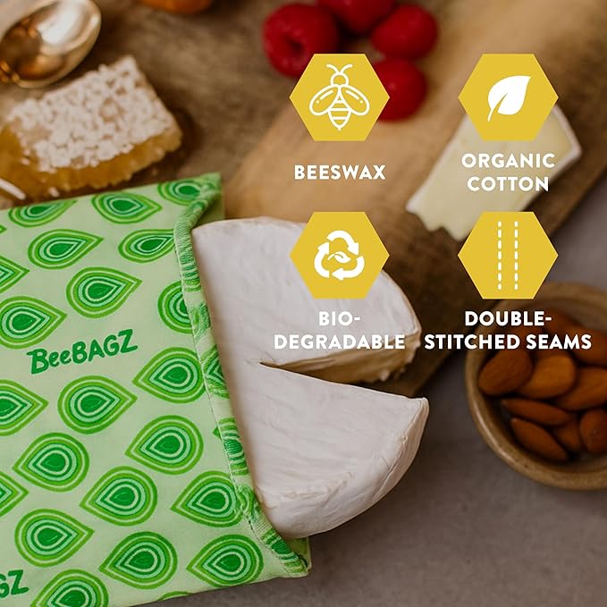 Beeswax Wrap Storage Bag, Reusable Food Storage Bags, Pack of 6, Plastic Free Biodegradable Food Wrap Alternative, Family Pack, 3 Small + 2 Medium + 1 Large, (Green)