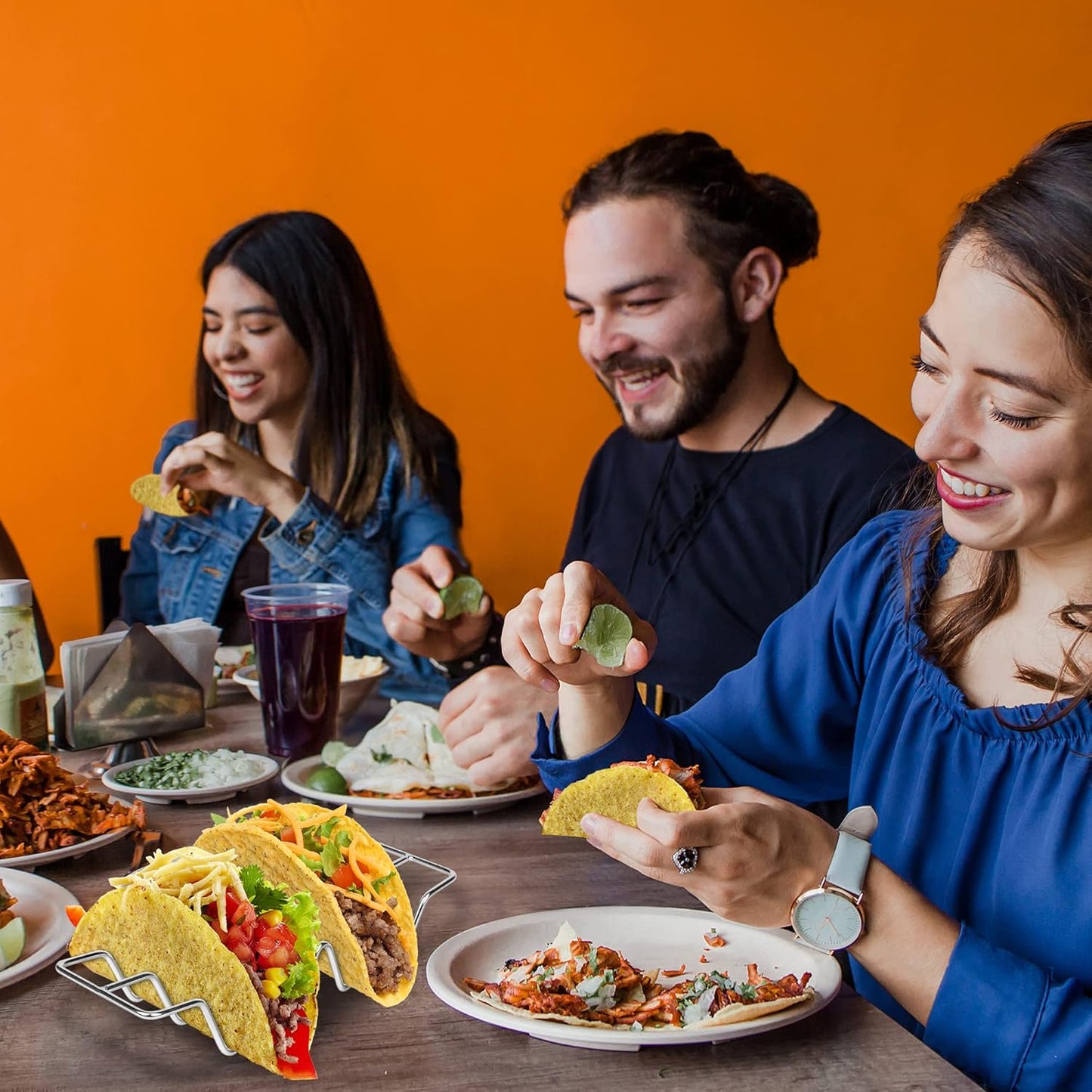 JIBOLAT Taco Holders set of 3,Stainless Steel Taco Shell Holder Stand,Taco Tray Plates for Taco Bar Gifts Accessories,Holds 4 Tacos Each,Oven Safe for Baking, Dishwa sher and Grill Safe