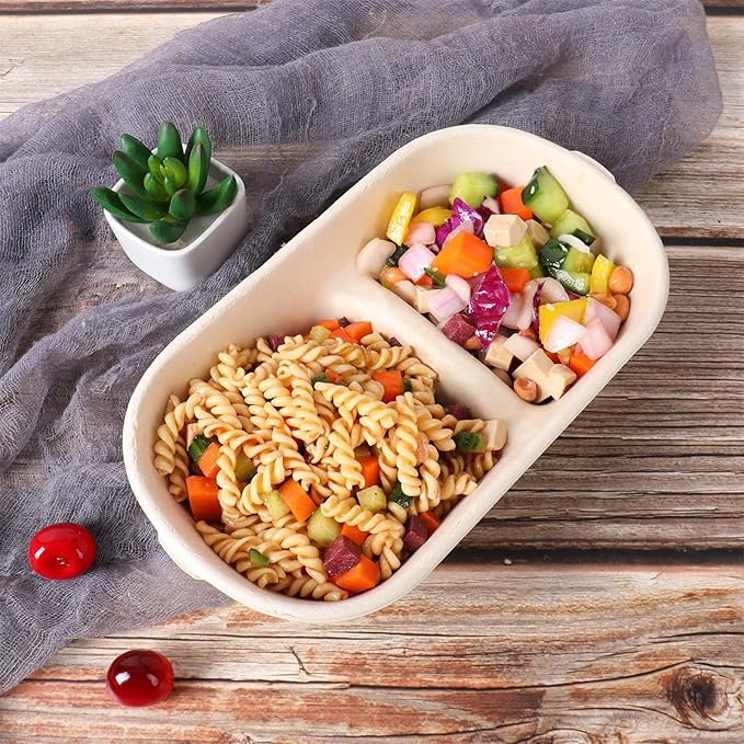 32 oz Disposable bowls with lids, 2 compartments Sugarcane Fiber Food Container, Food Storage, 50 Pack
