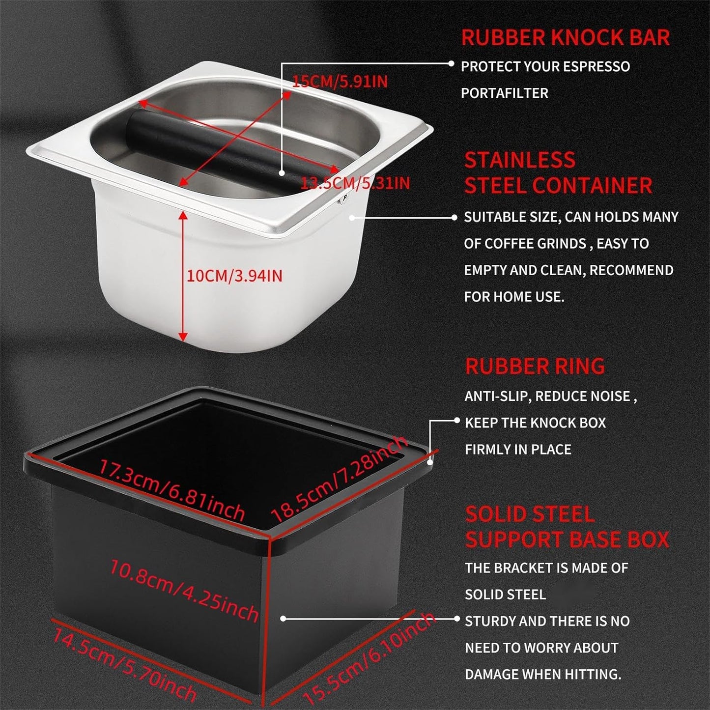 DIBTSA Espresso Knock Box,Stainless Steel Coffee Pucks Container, with Steel Holder and Noise Reduction Rubber Ring (7.28 x 6.8 x 4.25 inch)