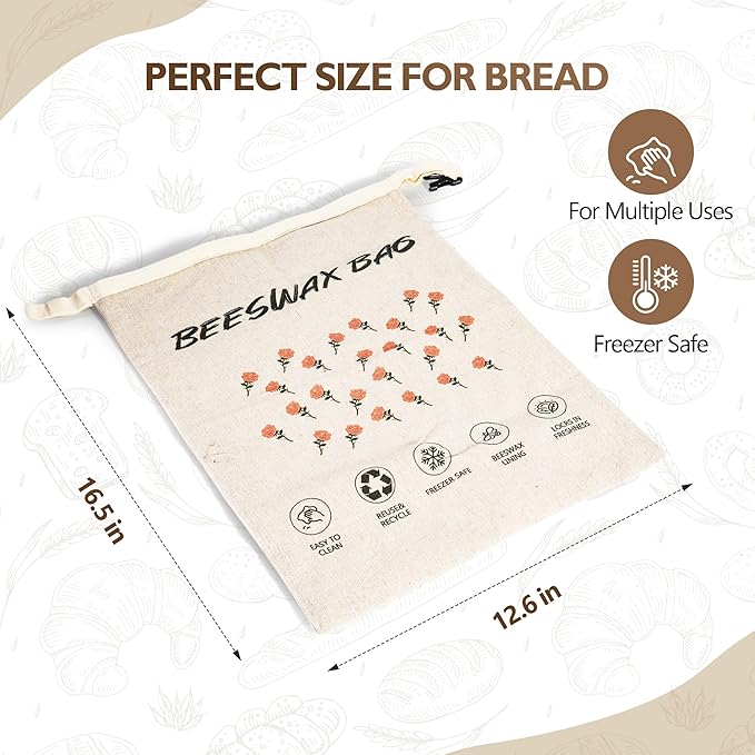 3-Pack Reusable Beeswax Bread Bags for Homemade Bread Sourdough, 2 Natural Beeswax 100% Linen Moisture-proof Lined Storage Bags with Buckle& 1 Bowl Covers –Easy to Clean,Safe,Keeps Bakes Fresh Longer