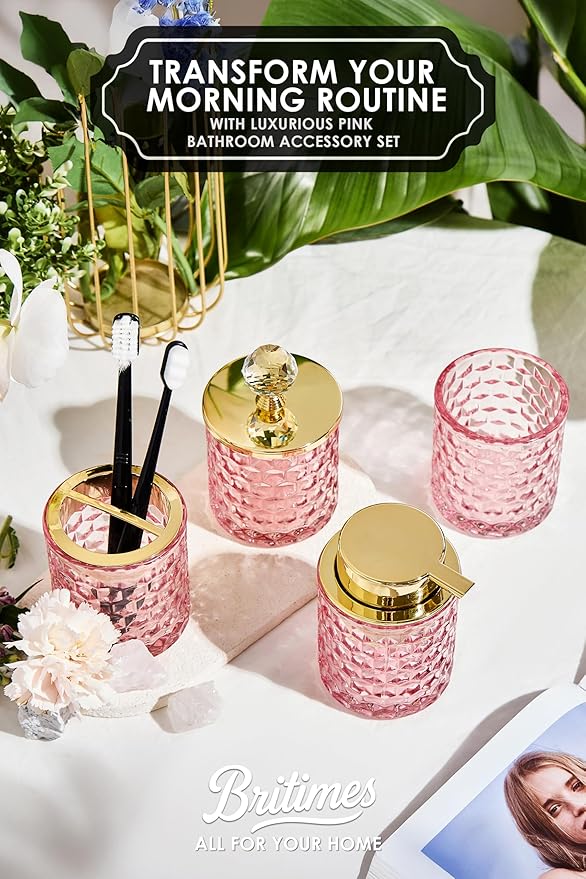 Pink Bathroom Accessories, 4Pcs Pink Bathroom Accessory Set Complete, Toothbrush Holder Set, Soap Dispenser, Qtip Holder, Tumbler, Perfect for Bathroom Decor and Vanit
