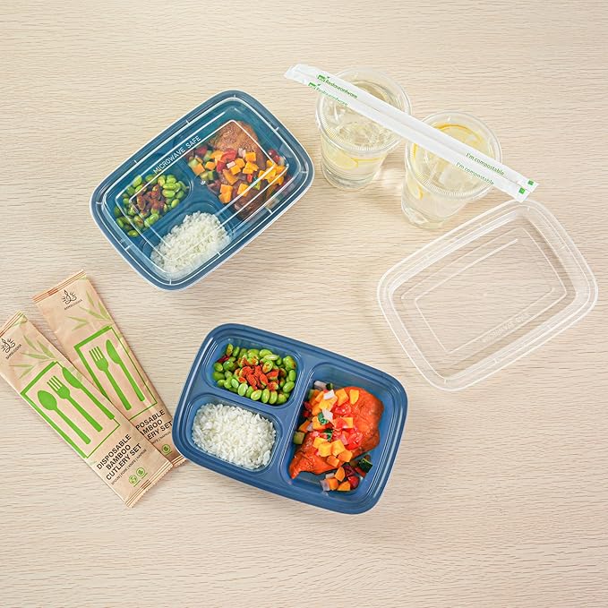 Restaurantware Asporto 26 Ounce Compartment Take Out Boxes, 100 Microwavable Meal Prep Containers - 3 Compartments, With Clear Plastic Lids, Midnight Blue Plastic Food Containers, Do Not Contain BPA