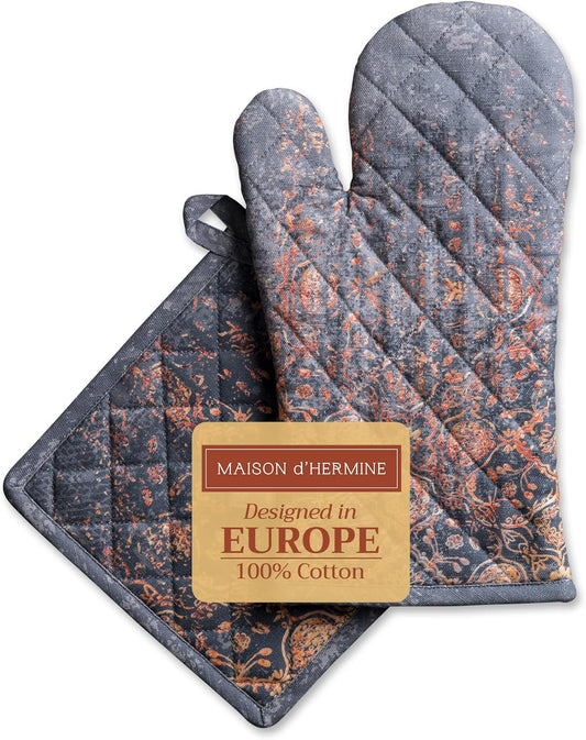 Maison d' Hermine 100% Cotton Oven Mitt & Pot Holder Set (7.5"x13" & 8"x8") Heat Resistant BBQ Cooking Gloves with Loop, Baking, Grilling, Kitchen, Handling Hot Pans (Imperfection)
