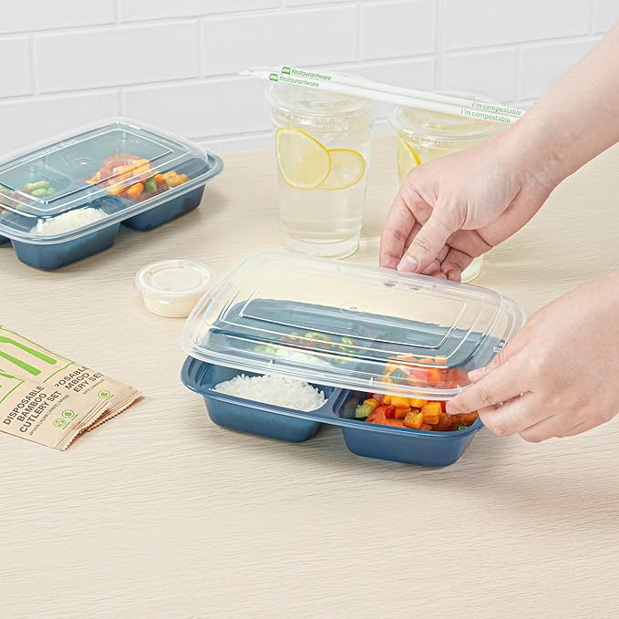 Restaurantware Asporto 26 Ounce Compartment Take Out Boxes, 100 Microwavable Meal Prep Containers - 3 Compartments, With Clear Plastic Lids, Midnight Blue Plastic Food Containers, Do Not Contain BPA