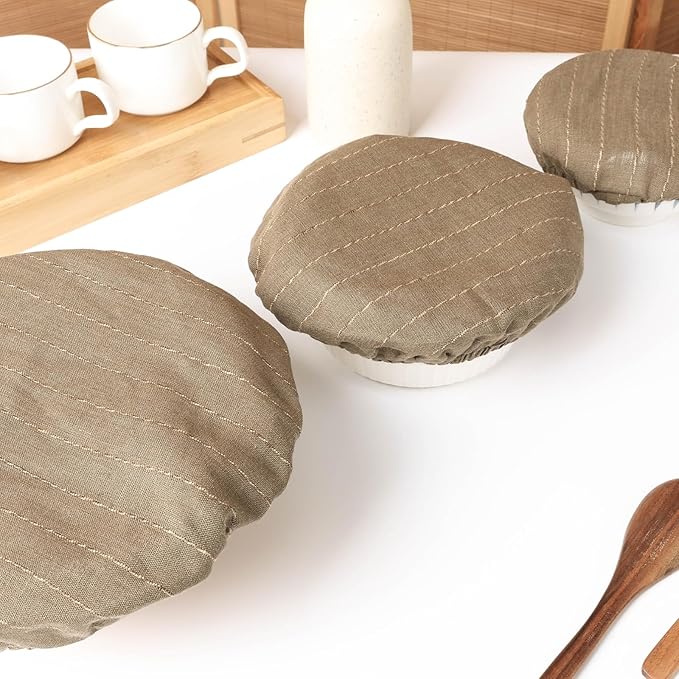 100% Linen Stripe Bowl Covers Reusable For Bread Proofing, 4 Pcs Elastic Cloth Fabric Bowl Covers, 5.9 * 7.9 * 9.8 * 11.8 Inches, Green