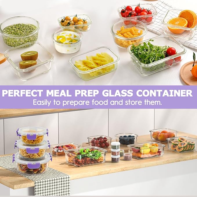 34pcs Glass Food Storage Containers with Lids Set, Airtight Glass Meal Prep Containers (17 Containers & 17 Lids), Leak Proof Lunch Containers BPA-Free, Microwave, Oven, Freezer, Dishwasher Safe