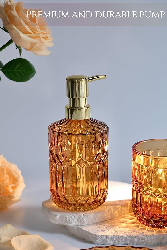Amber Brown Bathroom Accessories Set, 5Pcs Clear Glass Bathroom Accessories, Hand Soap Dispenser, Soap Dish, Toothbrush Holder Set, Qtips Holder for Crystal Vintage Bathroom Decor, Gift Set